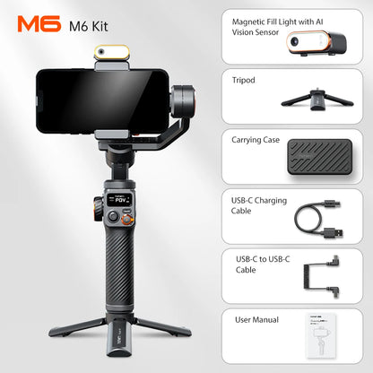 Hohem Isteady M6 3-Axis Gimbal Stabilizer Foldable Selfie Stick with APP Control&Magnetic Fill Light for Smartphone Cell Phone